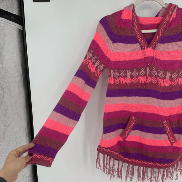 Alpaca Wool Youth XL Sweater Hooded Pink Striped Fringe Hem Pockets Made in Peru - Picture 10 of 12